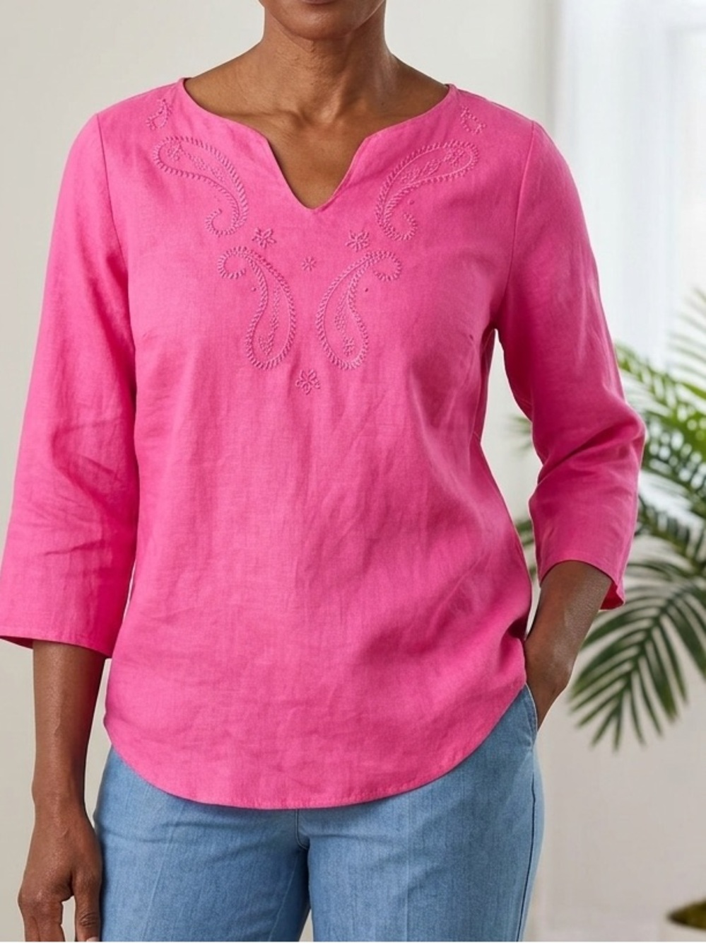 Caribbean Joe pink quarter sleeve embroidered 100% linen top size small petite